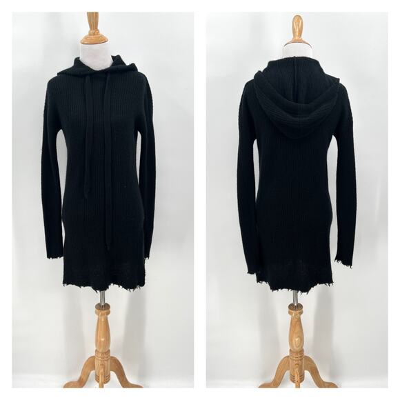 AUTUMN CASHMERE Hooded Mini Sweater Dress Womens XS Black Cashmere Distress Knit - Picture 1 of 15